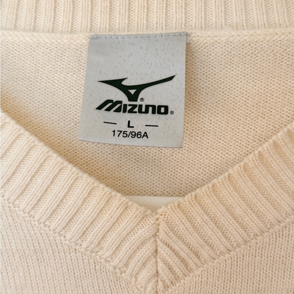 Mizuno Vintage Knit Sweater Cream V-Neck Embroidered Logo L 90s Y2K Wool - Picture 3 of 9
